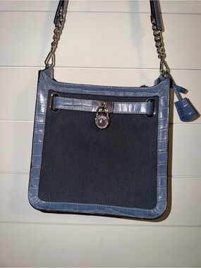 Michael Kors Navy Canvas Shoulder Bag with Blue Crocodile Trim